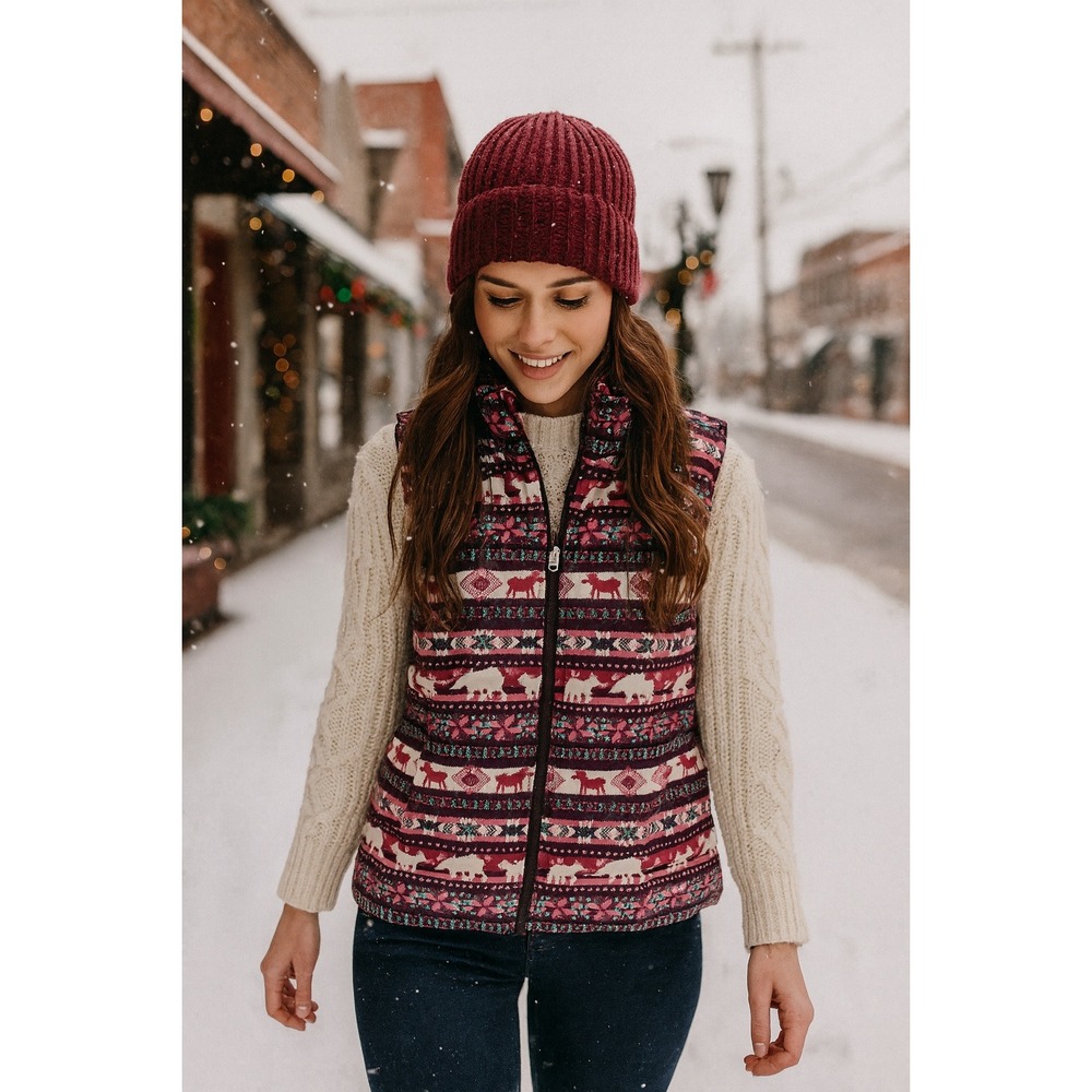 Lands End Women Fair Isle Moose Bear Puffer Vest XS 2-4 600 Fill Ski‎